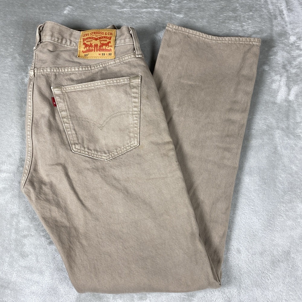 Levis 501 Jeans Mens 33X32 Beige Khaki Denim Regular Straight Button Fly